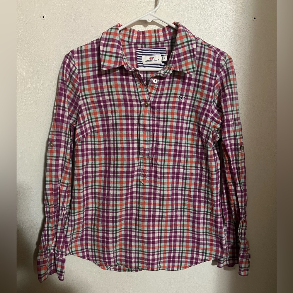 VINEYARD VINES Classic Plaid Linen Blend Half Button Tunic Purple Women's Size 6